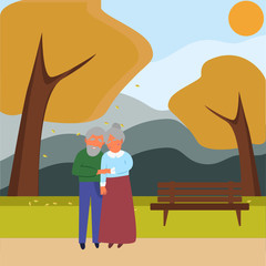 An elderly couple stands hand in hand in an autumn Park. Vector flat illustration, with a simple background