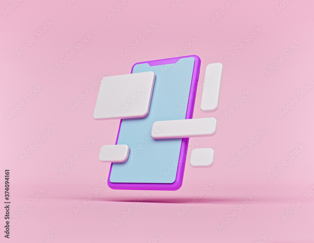 Poster future technology concept. minimal smartphone with floating icons. abstract cartoon style. smart dev