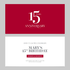 Fototapeta premium 15 years anniversary invitation vector illustration. Graphic design double-sided template