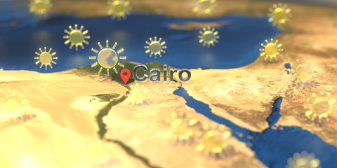 Sunny weather icons near Cairo city on the map, weather forecast related 3D rendering