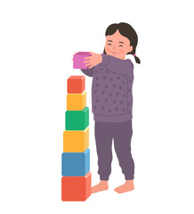 Cute smiling girl is standing holding colorful cube vector flat illustration. Baby playing developing toy. Toys for little kids
