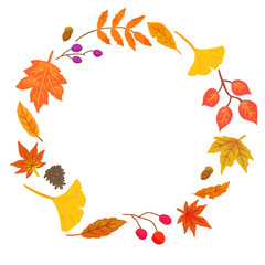 秋の紅葉した葉っぱの丸いフレーム