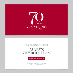 Fototapeta na wymiar 70 years anniversary invitation vector illustration. Graphic design double-sided template