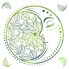 Cresent moon motif with a green leaves decoration. Colorful vector illustration.