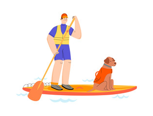 Adult man paddle sup boarding with a dog wearing life jackets. Inflatable or rigid surf board. Water fun summer holiday sports and activity on lake, river or sea. Isolated vector flat illustration. © Rimma