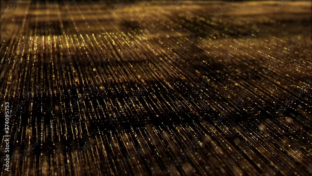 Poster Futuristic digitally generated golden abstract de-focus particles grid motion in cyber space environment background