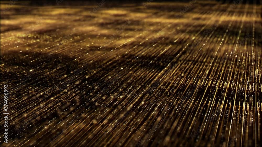 Poster Futuristic digitally generated golden abstract de-focus particles grid motion in cyber space environment background
