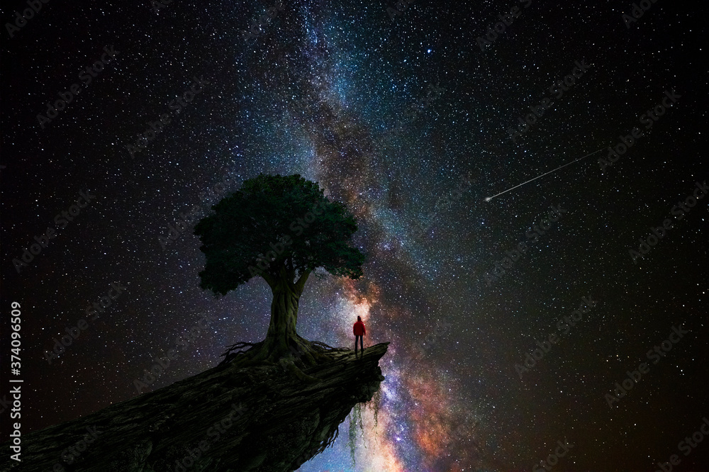 Canvas Prints man under a tree in front of the universe