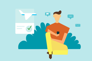 The concept of online flight booking. Purchase a ticket using your phone. illustration in flat style.