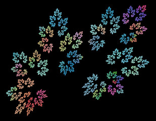 Multicolored small leaves on branches on a black background. Abstract fractal vegetative background. 3d rendering. 3d illustration.