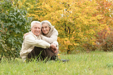 Naklejka na ściany i meble Beautiful senior couple hugging in the park