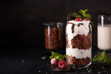 homemade granola with greek yogurt, chocolate and raspberries