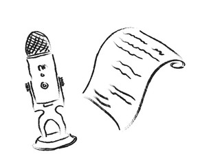 Microphone and a sheet of paper on a white background. Sketch. Vector illustration.