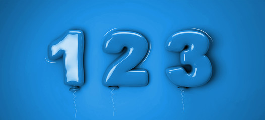 Blue balloon set 1, 2, 3 made of realistic 3d render air balloon. Collection of balloons number ready to use for unique decoration with several concept idea in any occasion. 3d illustration