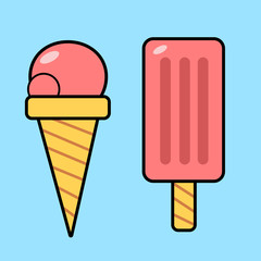 Icon of ice cream. Two pink delicious ice creams on a blue background. Cute illustration in flat style. 