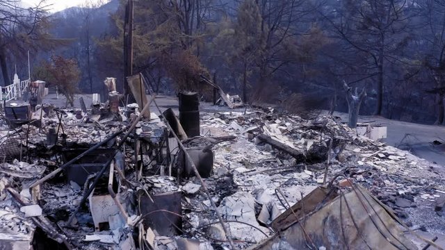 Napa, California, USA. 22 August 2020. Aerial: Burnt down building. LNU Lightning Complex Fire that ravaged the Napa, Sonoma, Lake and Solano counties.