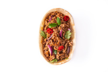 Mexican barquita taco with beef, chilli, tomato, onion and spices isolated on white background