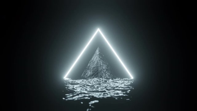 3d render, glowing neon light pyramid above dark water, blank space, disco, esoteric energy, abstract background