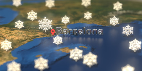 Snowy weather icons near Barcelona city on the map, weather forecast related 3D rendering