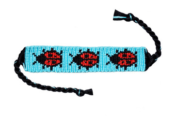 Blue woven DIY friendship bracelet with alpha pattern Ladybug  handmade of embroidery bright thread...