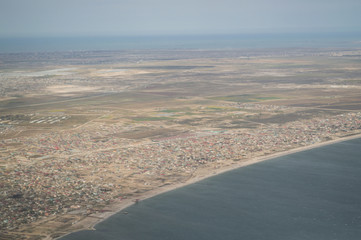 Aerial of Caspian and Coast of Azerbaijan seen from a Plane
