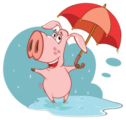 Illustration of a Cute Cartoon Character Pig and Umbrella