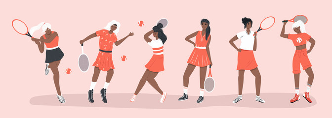 Set of cute tennis players. Women in sport clothes playing big tennis with tennis racket vector flat cartoon illustration.