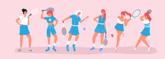 Obraz na płótnie Canvas Set of cute tennis players. Women in sport clothes playing big tennis with tennis racket vector flat cartoon illustration.