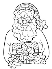 Merry Christmas vector coloring page for kids and adults. Happy Santa Claus in christmas hat and glasses, holds Christmas gift box in hands. Santa Nicholas in Christmas Eve coloring page for holiday.