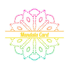 Colorful gradient dotted half of flower greeting card. Invitation template with halftone ornamental Mandala. Lotus floral postcard, poster, flyer. Vector illustration.