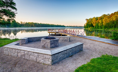 Morning landscape for barbecue place by the lake