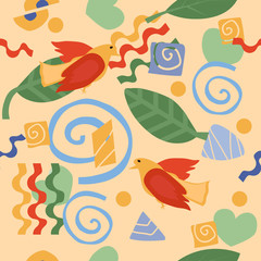 Bright colorful graphic floral pattern with birds in love in a hand-drawn style. Seamless pattern with birds and figures
