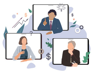 Business conference video call, remote project management, quarantine working concept, working from home. Flat vector illustration