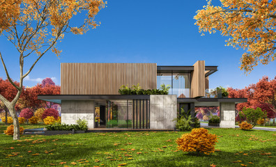 Fototapeta na wymiar 3d rendering of modern cozy house with parking and pool for sale or rent with wood plank facade and beautiful landscaping on background. Clear sunny autumn day with golden leaves anywhere.