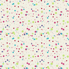 Abstract seamless pattern with colorful chaotic small circles. Infinity dotted messy geometric pattern. Vector illustration.  