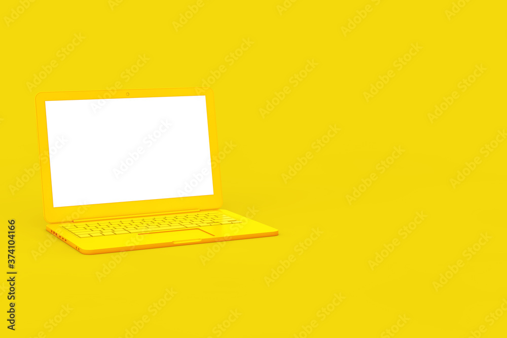 Poster modern yellow laptop computer with blank screen for your design in duotone style. 3d rendering