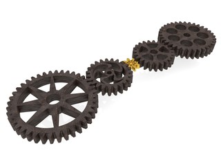 A small gear with a golden color as a connecting link between the large gears