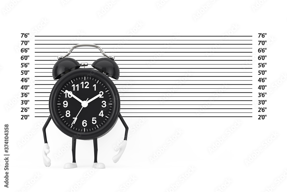 Aufkleber Black Alarm Clock Character Mascot in front of Police Lineup or Mugshot Background. 3d Rendering