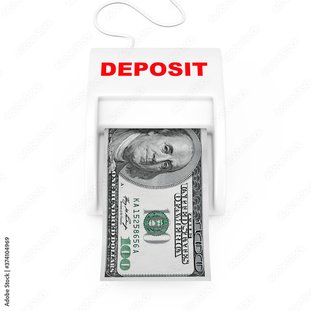 Aufkleber make money with deposit concept. money maker deposit machine with dollars banknote. 3d rendering