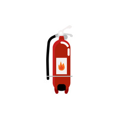 Red fire extinguisher with flame symbol on label, safety equipment
