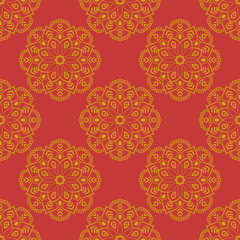 Abstract seamless pattern with mandala flower. Polka dot mosaic, tile. Floral background. Vector illustration.