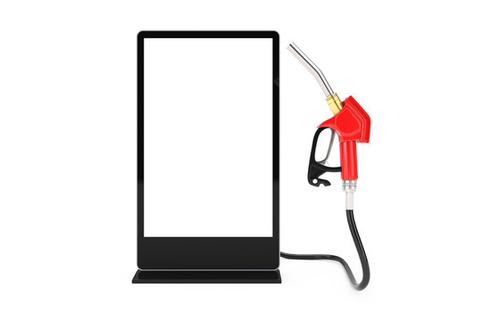 Gasoline Pistol Pump Fuel Nozzle, Gas Station Dispenser With Blank Trade Show LCD Screen Display Stand As Template For Your Design. 3d Rendering