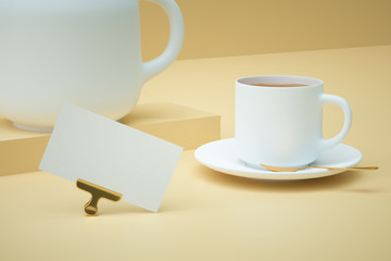 Side view of tea service, teapot, business card and cup on light pastel yellow background. 3d rendering illustration. 