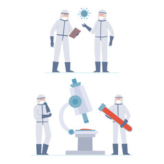 Vector illustration of tiny doctors - scientists, coronavuris and big microscope