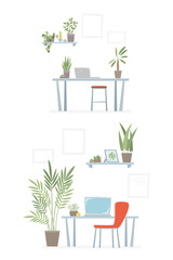 Home office workplace with table, notebooks, chairs and plants