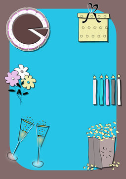 Colorful hand drawn celebration icons, chocolate cake, flowers, champagne, pop corn, gift, candles, turquoise background, brown frame
