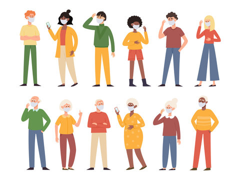 Vector illustration with old and young people in face mask