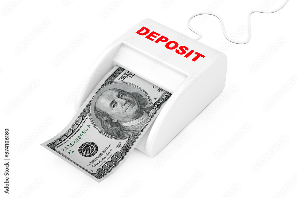 Aufkleber make money with deposit concept. money maker deposit machine with dollars banknote. 3d rendering