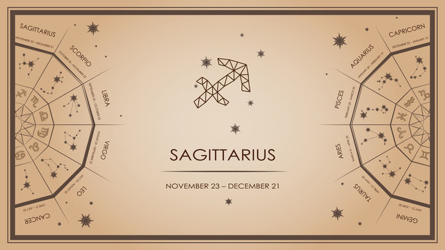 Sagittarius Background, Zodiac Sign. Horoscopes, Forecasts. Template And Design For Website Page, Article, Cover, Poster, Envelope For Money With Wishes. Vector, In Beige Colors