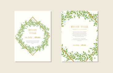 Set of card with leaves. Wedding ornament concept. Floral poster, invite. Vector decorative greeting card or invitation design background